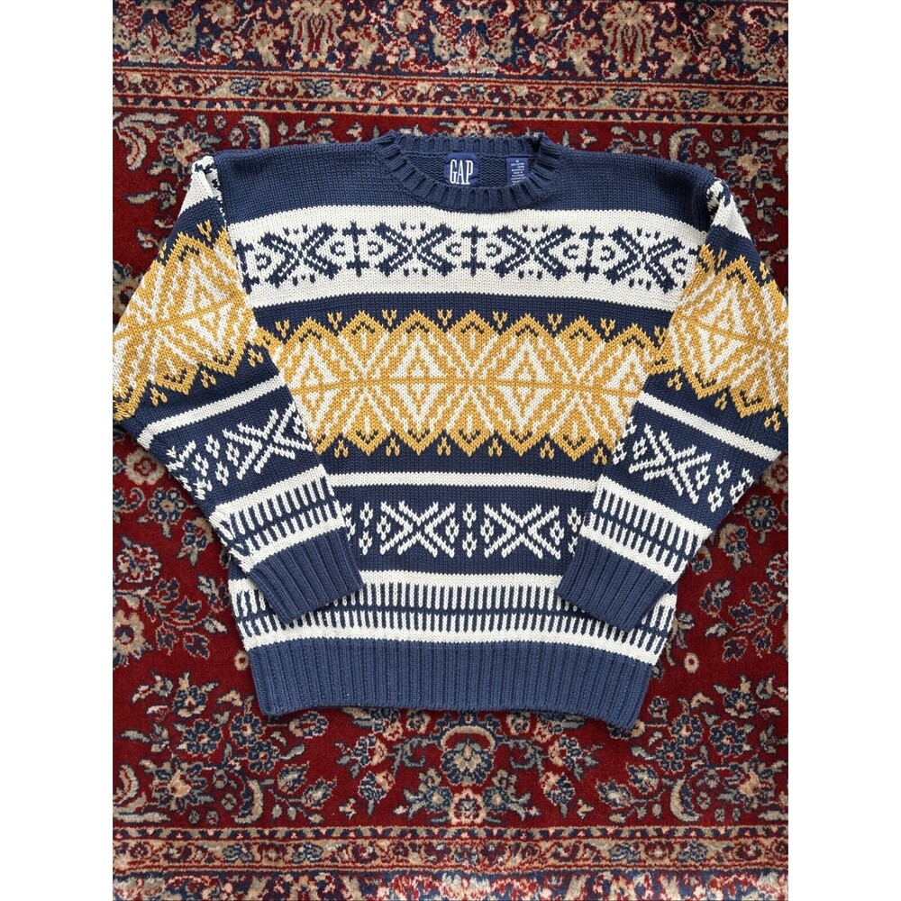 VINTAGE Gap Sweater Men’s M Blue Yellow Chunky Knit Cotton Nordic